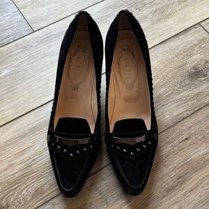 Tod's Black Studded Loafer Kitten Heels